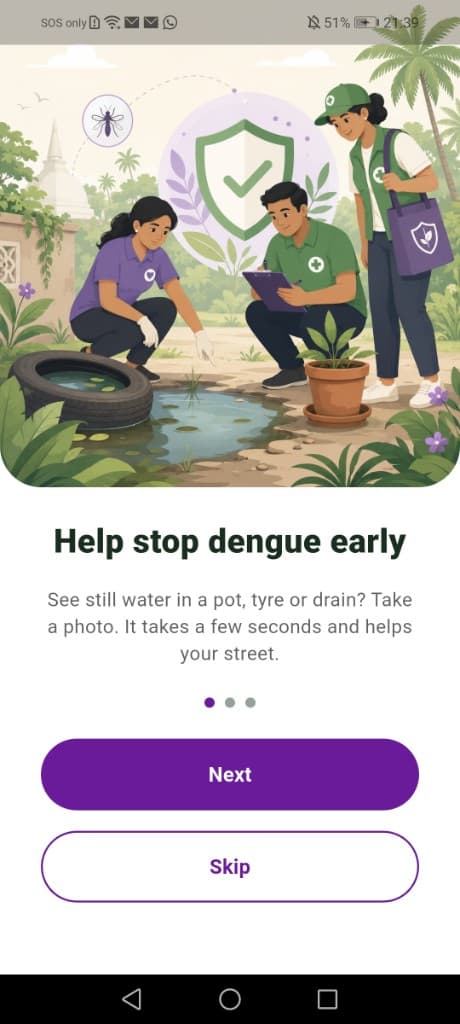 Onboarding screen explaining how to report still water